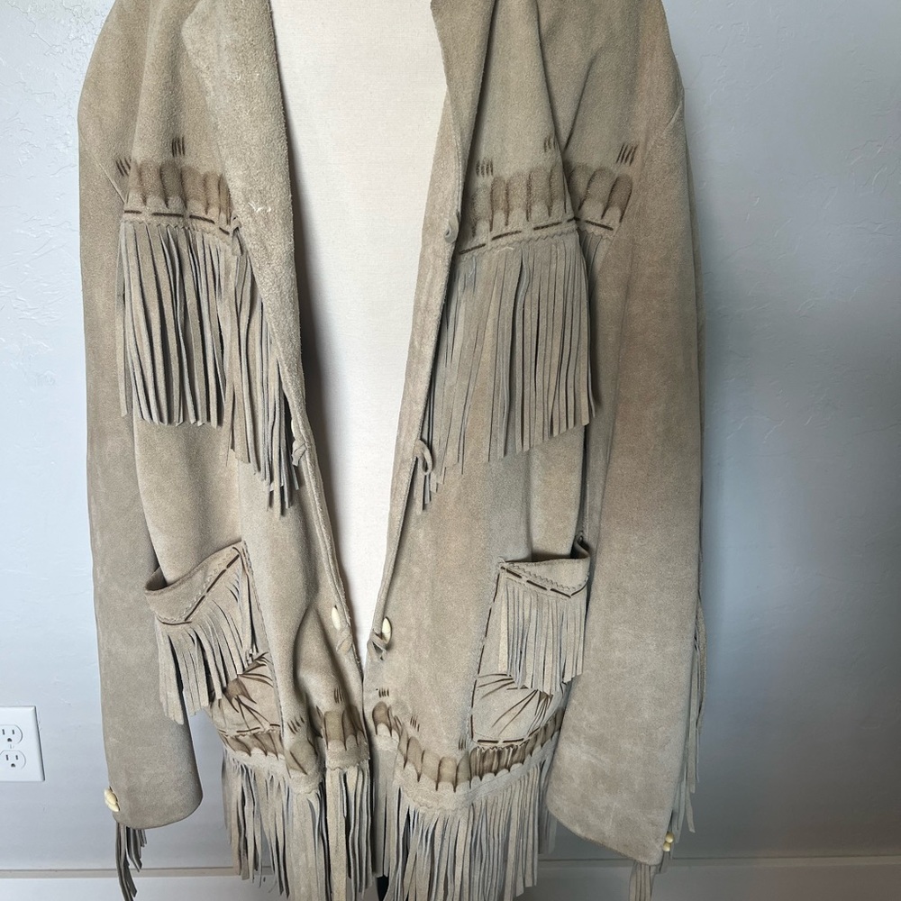 Tan Leather Fringe Jacket with Native Design and Horses Branding XL